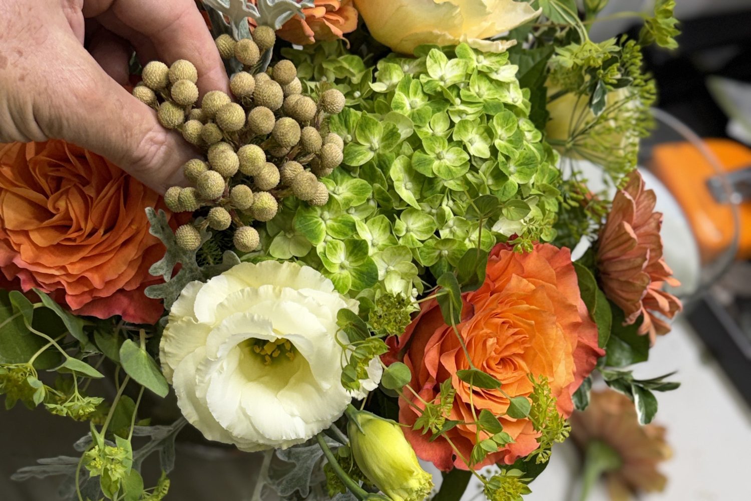 A florist's hand placing brunia into an autumn arrangement of orange roses, green hydrangea, and cream lisianthus